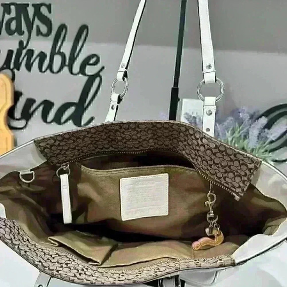 Coach Brown White Jacquard Leather Signature Tote Purse Shoulder Bag - Picture 5 of 10